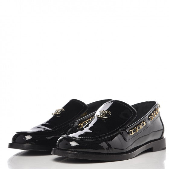 Chanel Patent Calfskin CC Chain Mocassin Loafers 38.5 Black 3 of 9