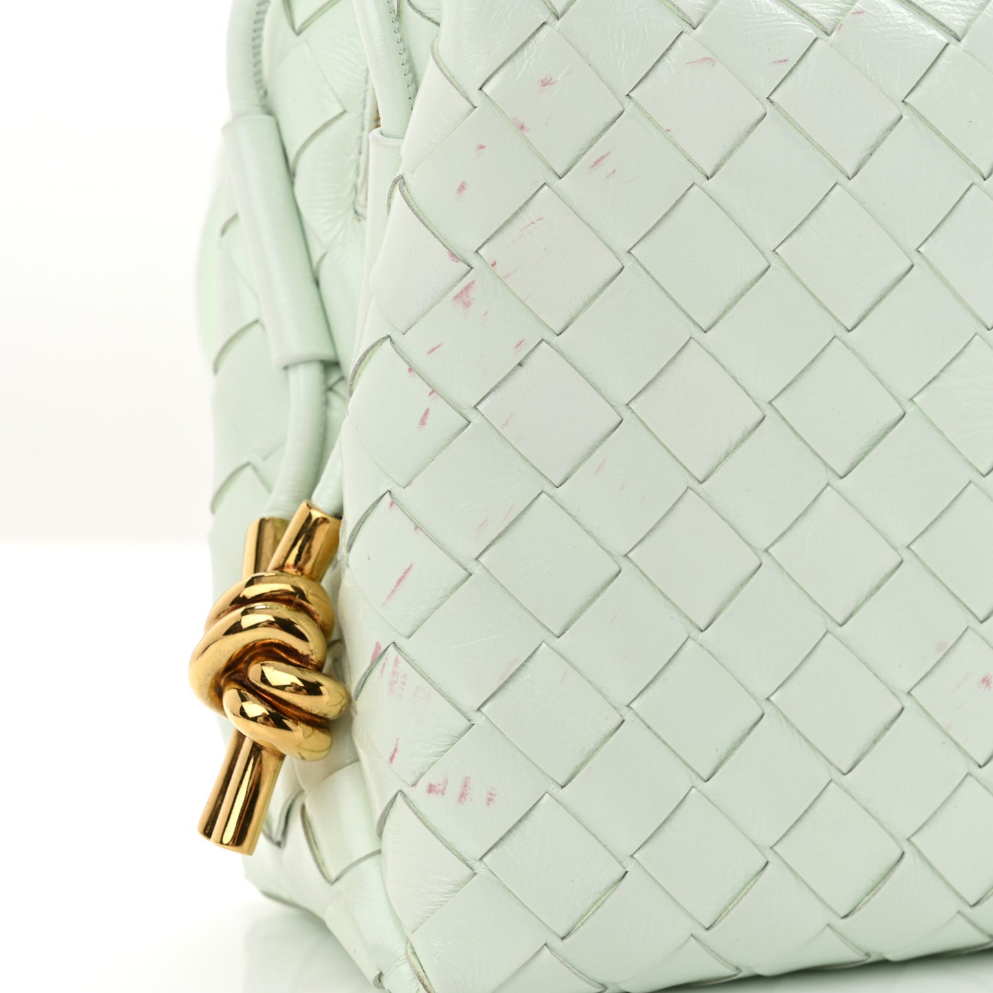 Polished Patent Intrecciato Knot Small Loop Camera Bag Glacier Muse