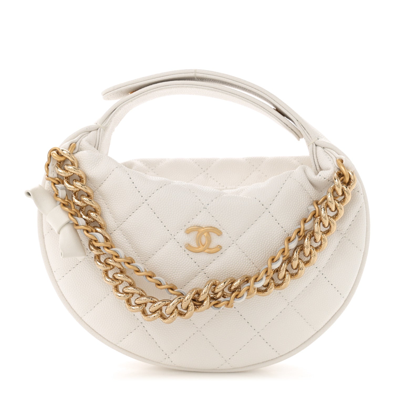 Chanel Shiny Caviar Quilted Bow Pouch Hobo White 1 of 11