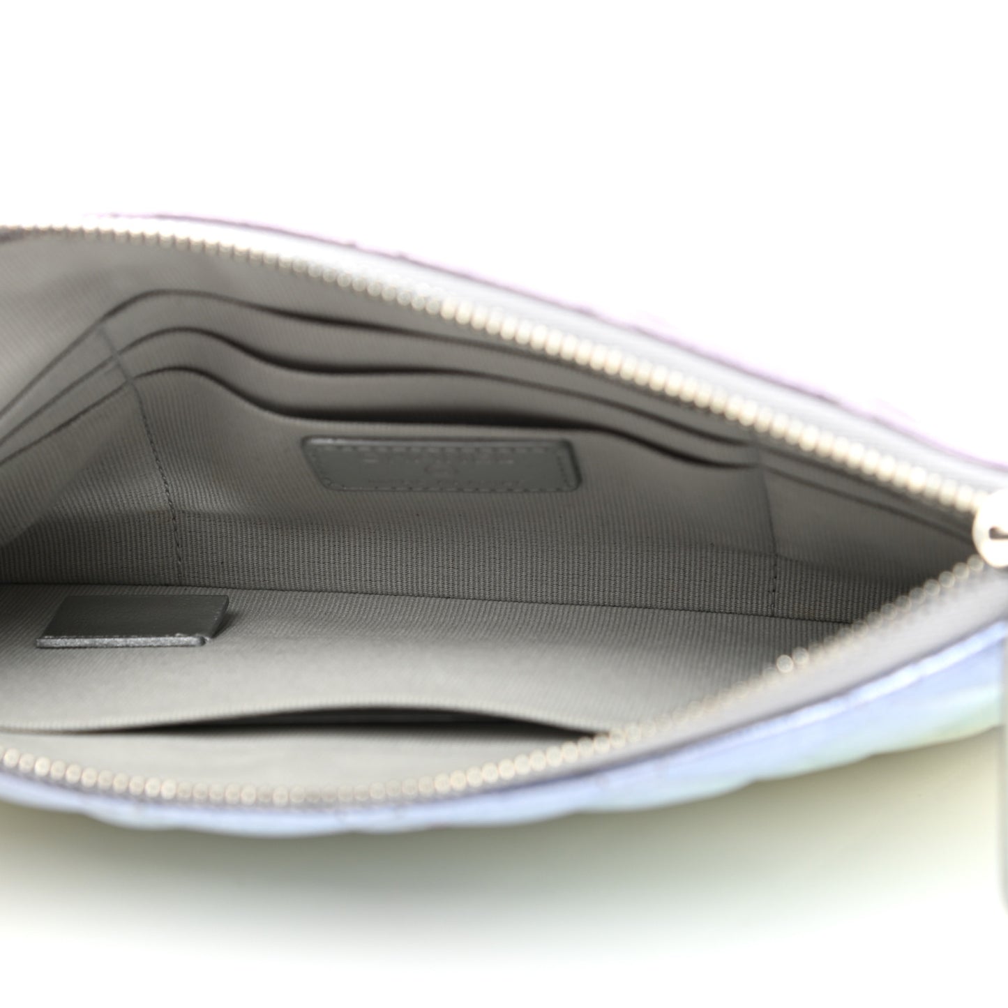 Gradient Metallic Calfskin Quilted Cosmetic Case Silver Blue Yellow Purple