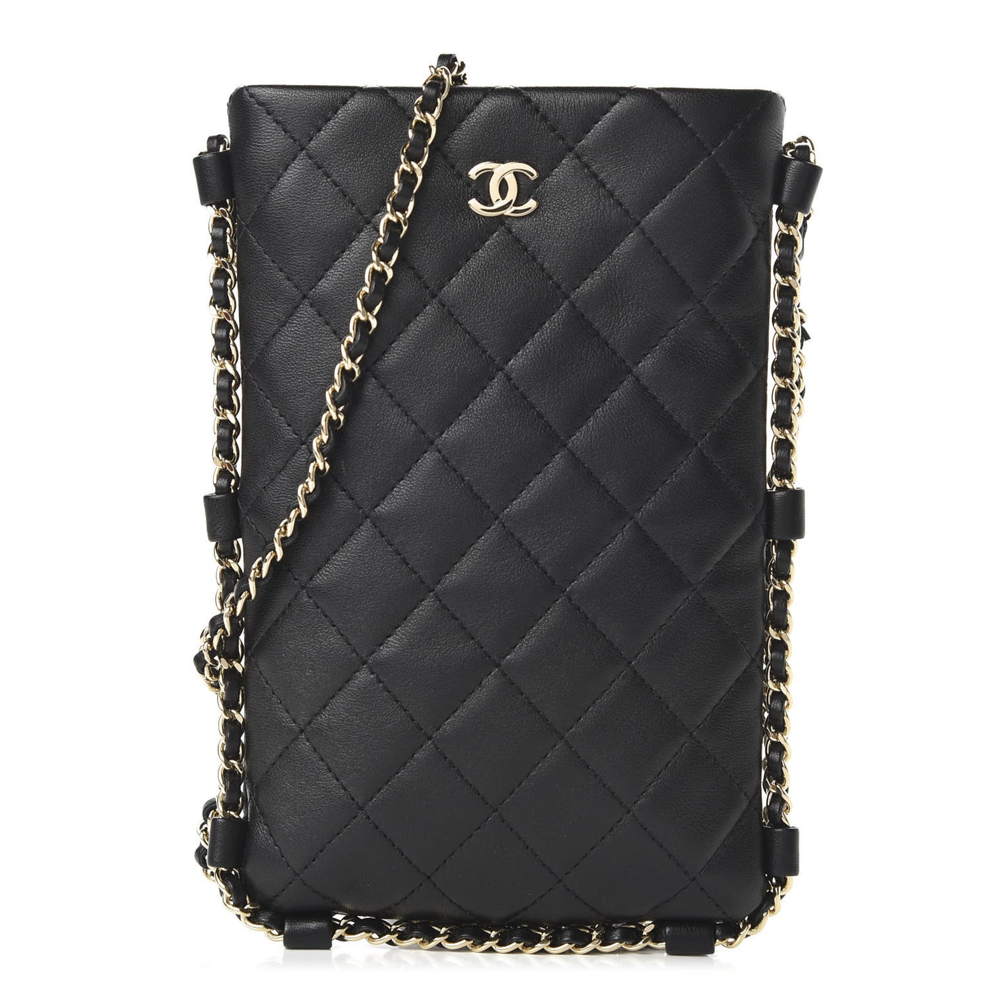 Lambskin Quilted Chain Around Phone Holder Black
