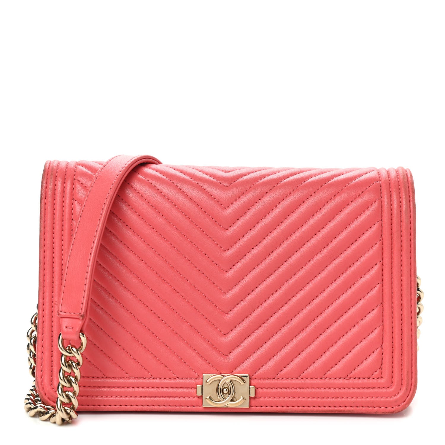 Chanel Lambskin Chevron Quilted Boy Wallet On Chain WOC Pink 1 of 13