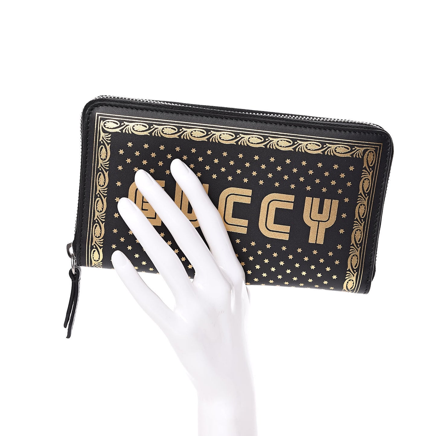 X SEGA Calfskin GUCCY Stars Zip Around Wallet Black Gold