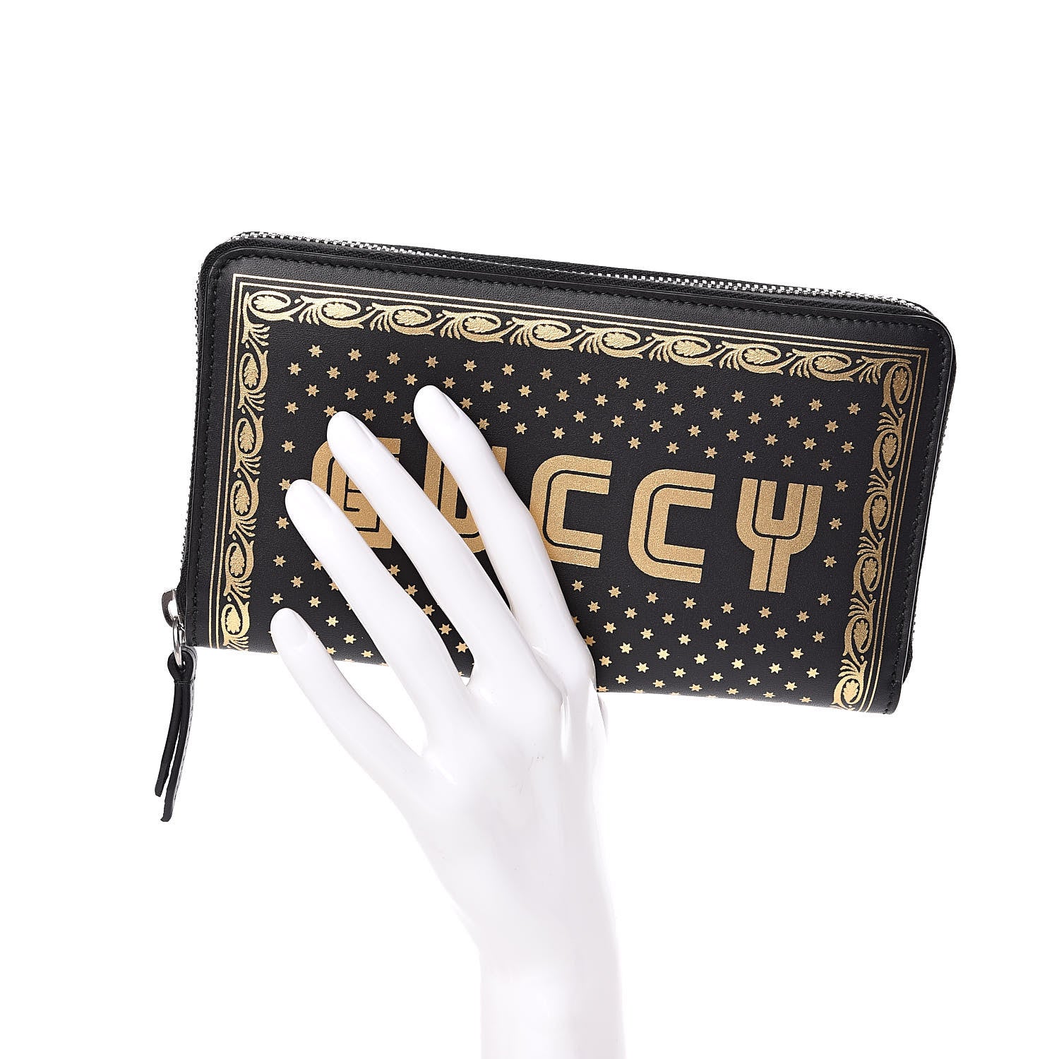 Gucci X SEGA Calfskin GUCCY Stars Zip Around Wallet Black Gold 2 of 7