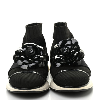 Chanel Knit Patent Calfskin Womens High Top Camellia Sneakers 36.5 Black 2 of 8