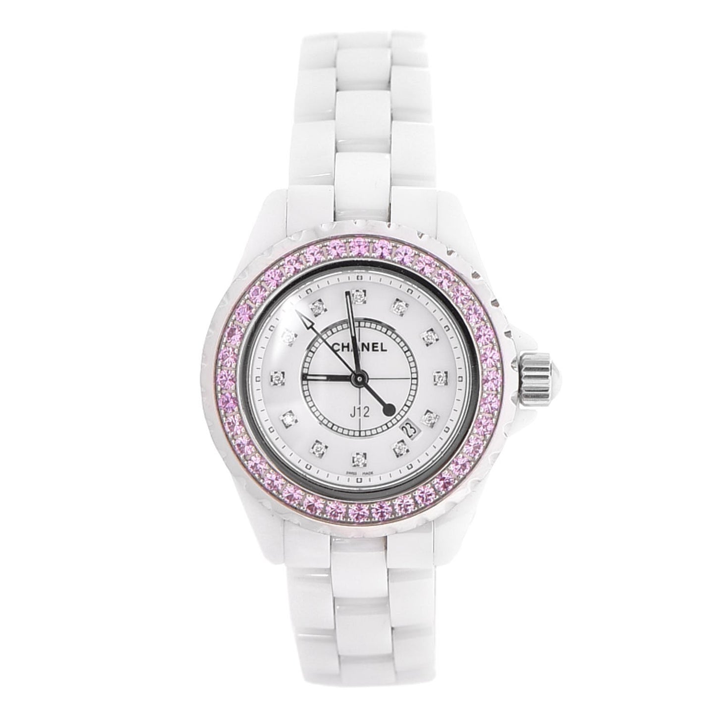 Stainless Steel Ceramic Diamond Pink Sapphire 33mm J12 Quartz Watch White