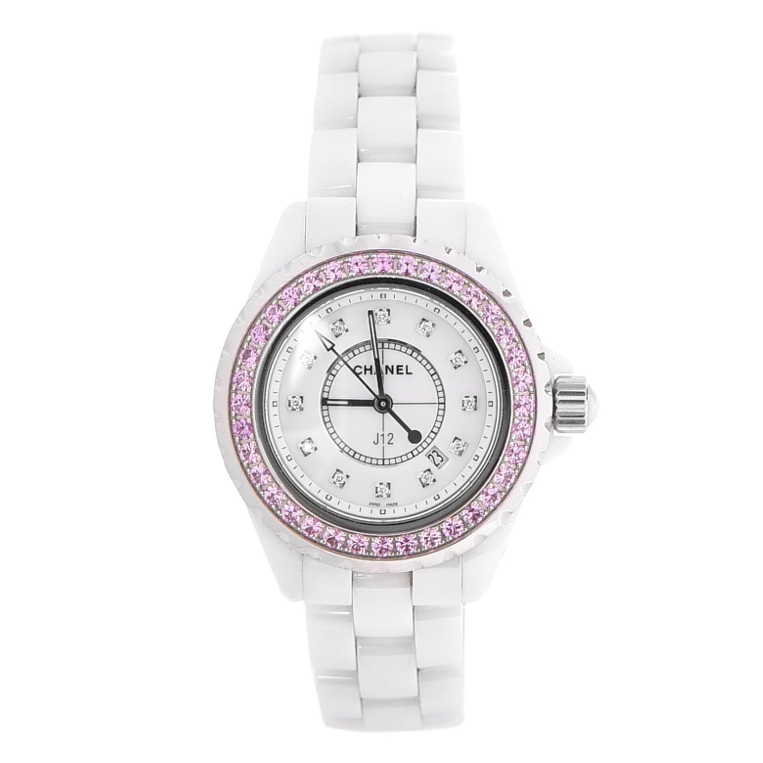 Chanel Stainless Steel Ceramic Diamond Pink Sapphire 33mm J12 Quartz Watch White 1 of 7
