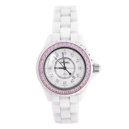 Chanel Stainless Steel Ceramic Diamond Pink Sapphire 33mm J12 Quartz Watch White 1 of 7