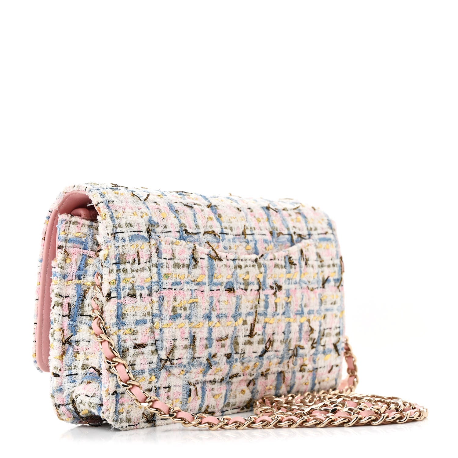 Chanel Tweed Quilted Wallet On Chain WOC Blue Pink Gold 3 of 12