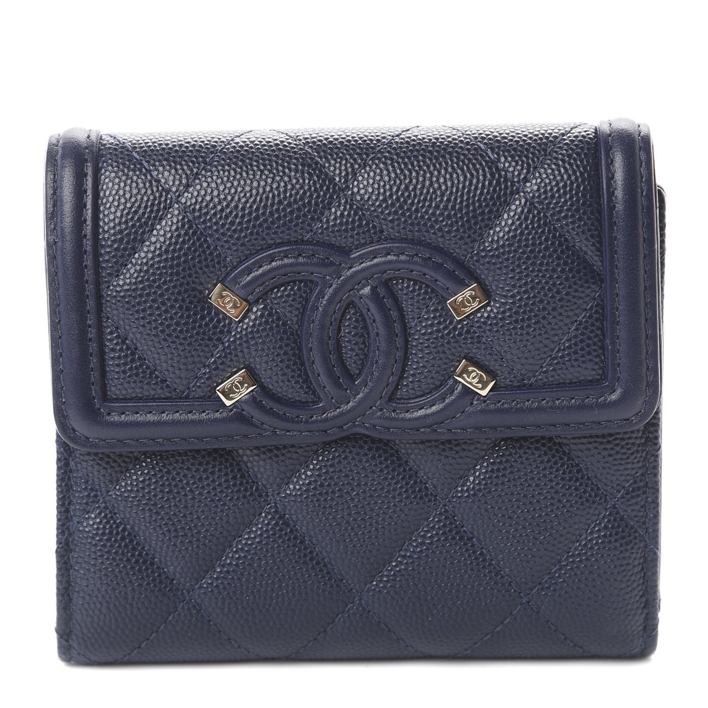 Caviar Quilted Filigree Compact Wallet Navy