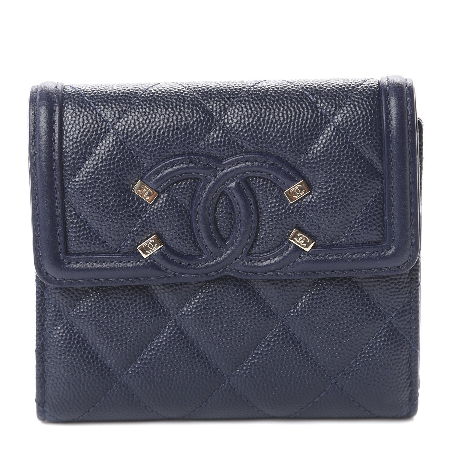 Chanel Caviar Quilted Filigree Compact Wallet Navy 1 of 13
