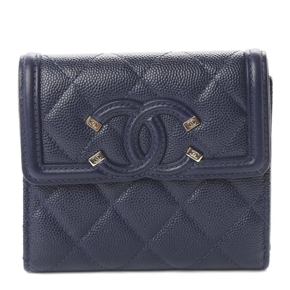Chanel Caviar Quilted Filigree Compact Wallet Navy 1 of 13