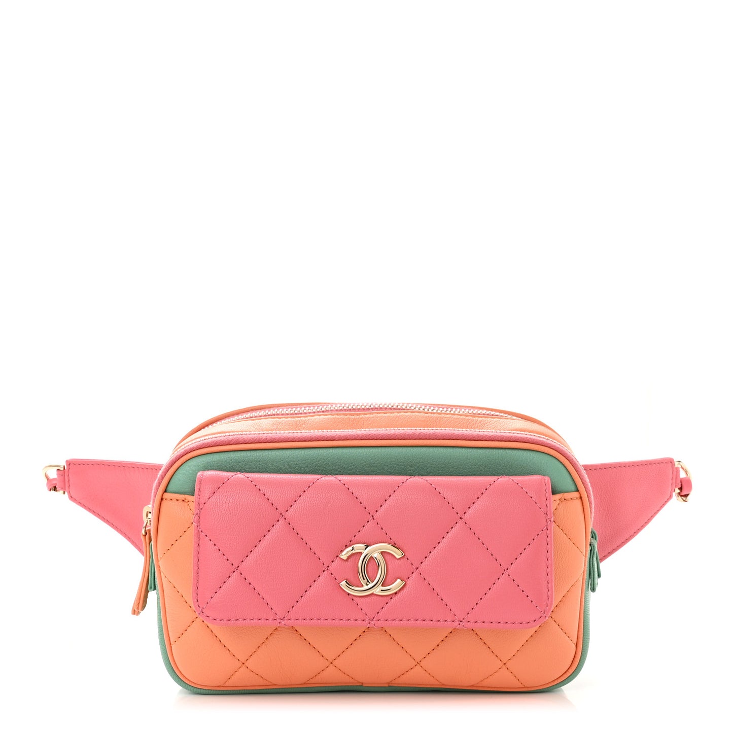 Goatskin Quilted Tri-Color In & Out Waist Bag Orange Green Pink