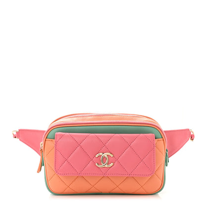Chanel Goatskin Quilted Tri-Color In & Out Waist Bag Orange Green Pink 1 of 10