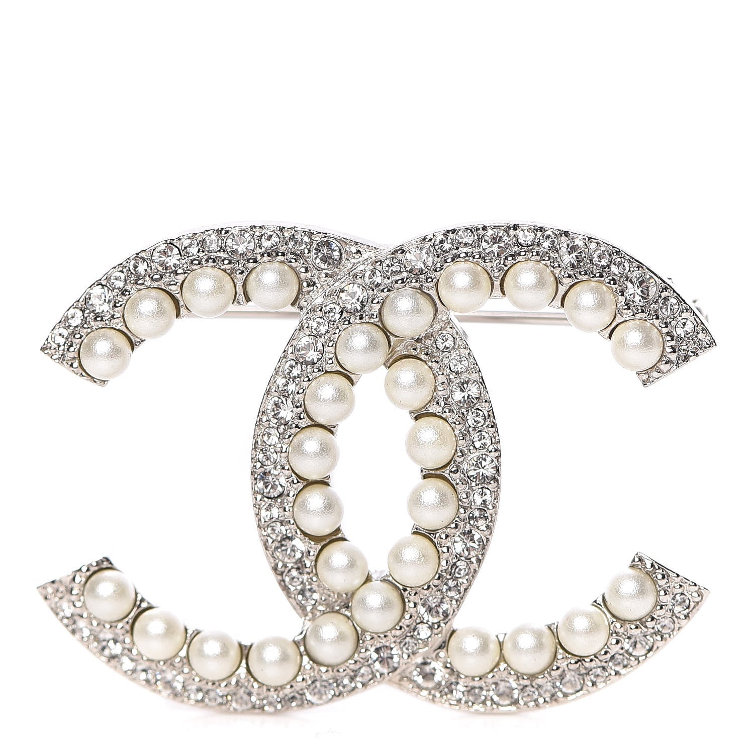 Chanel Pearl Crystal CC Brooch Silver 1 of 5