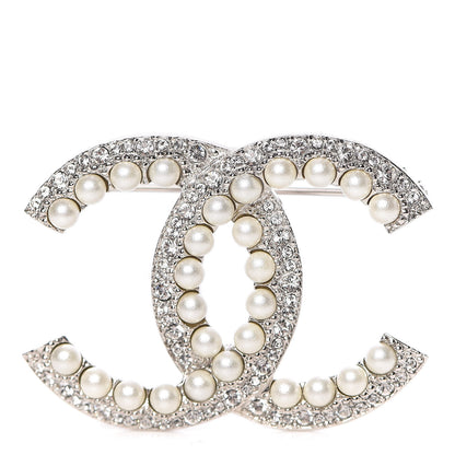 Chanel Pearl Crystal CC Brooch Silver 1 of 5