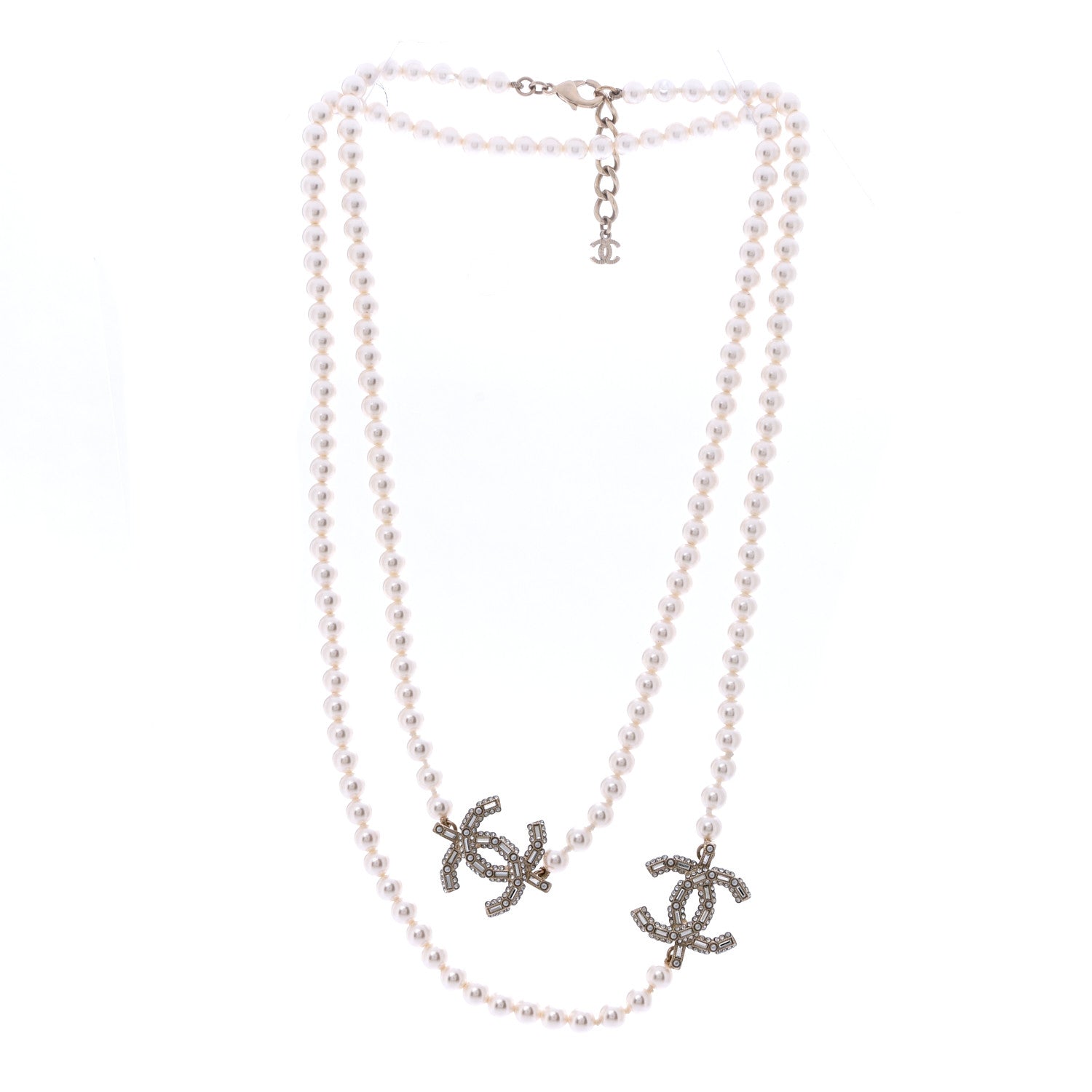 Chanel Pearl Baguette Crystal CC Long Necklace Gold 3 of 7