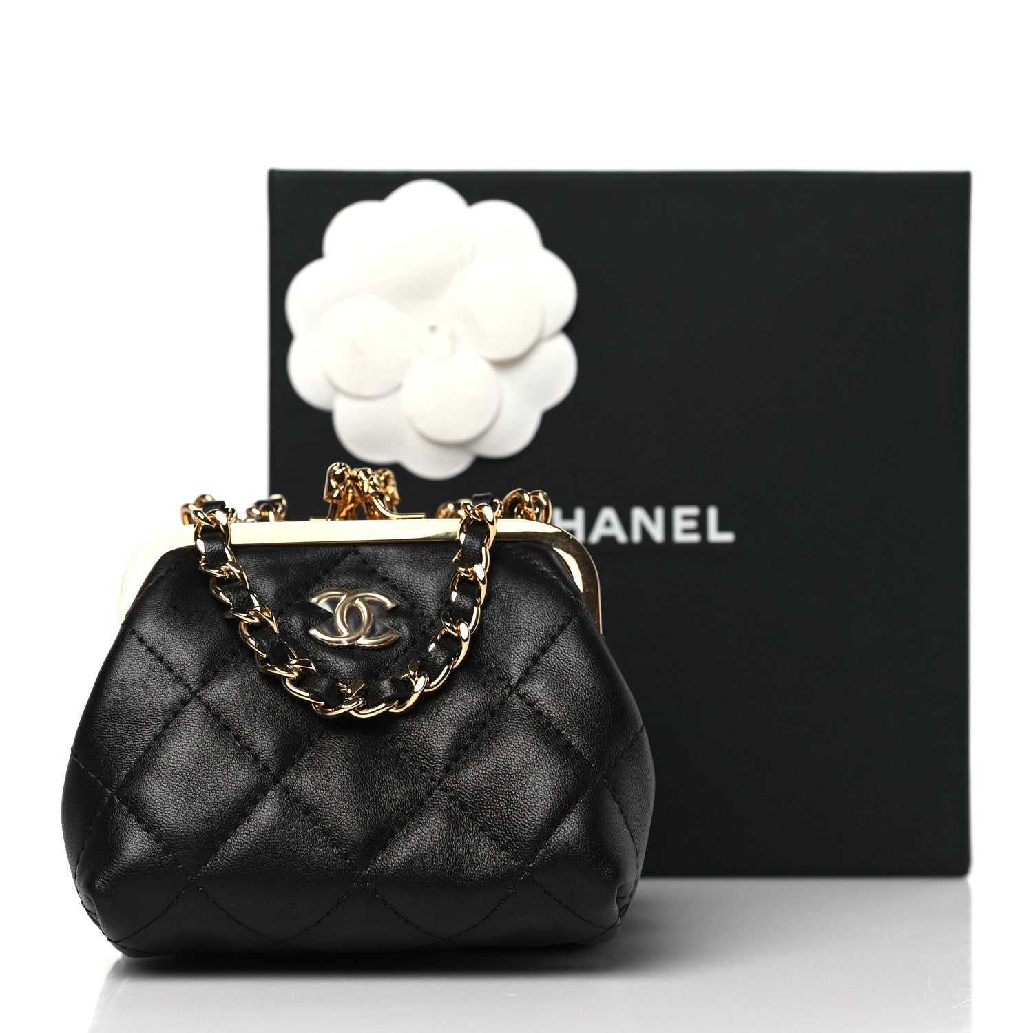 Chanel Lambskin Quilted Trio Kiss Lock Clutch With Chain Black 3 of 12