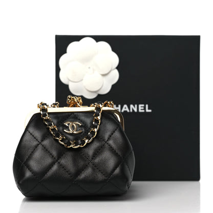 Chanel Lambskin Quilted Trio Kiss Lock Clutch With Chain Black 3 of 12