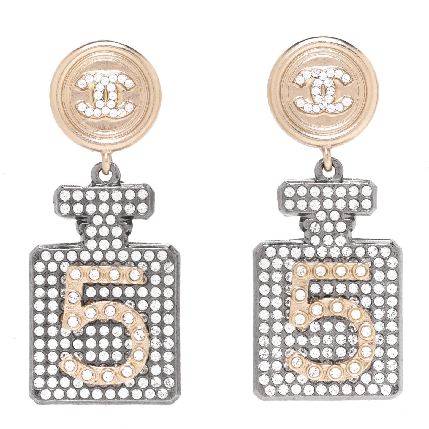 Crystal CC No 5 Perfume Bottle Drop Earrings Gold Silver