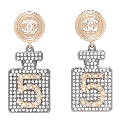 Chanel Crystal CC No 5 Perfume Bottle Drop Earrings Gold Silver 1 of 5