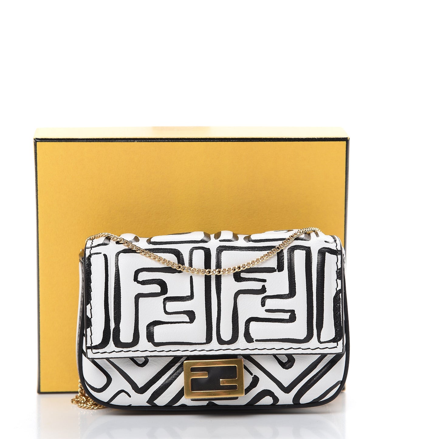 X JOSHUA VIDES Nappa Vitello King FF Embossed Nano Baguette Charm White Black