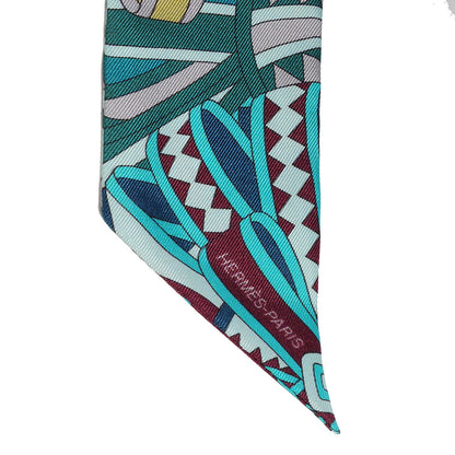 Hermes Silk Les Flots du Cheval Twilly Turquoise Bordeaux Aqua 3 of 6