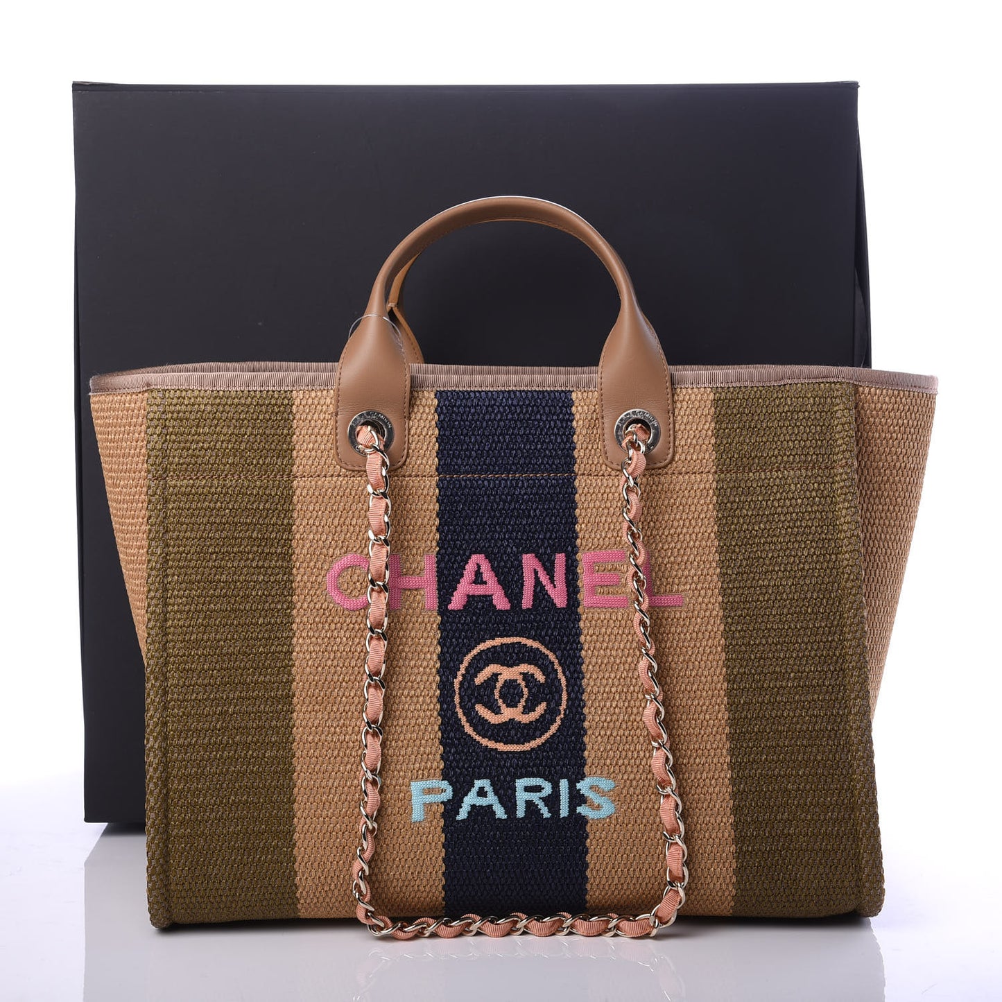 Straw Raffia Calfskin Striped Medium Deauville Tote Khaki Beige Navy Blue