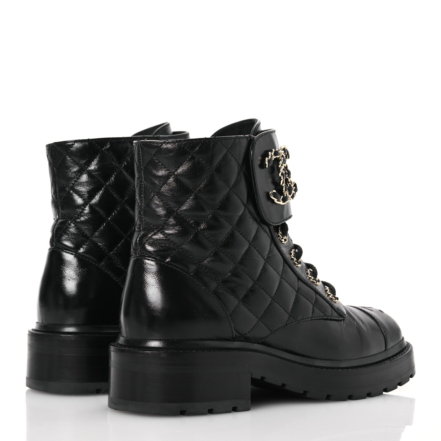 Chanel Shiny Calfskin Quilted Lace Up Combat Boots 37 Black