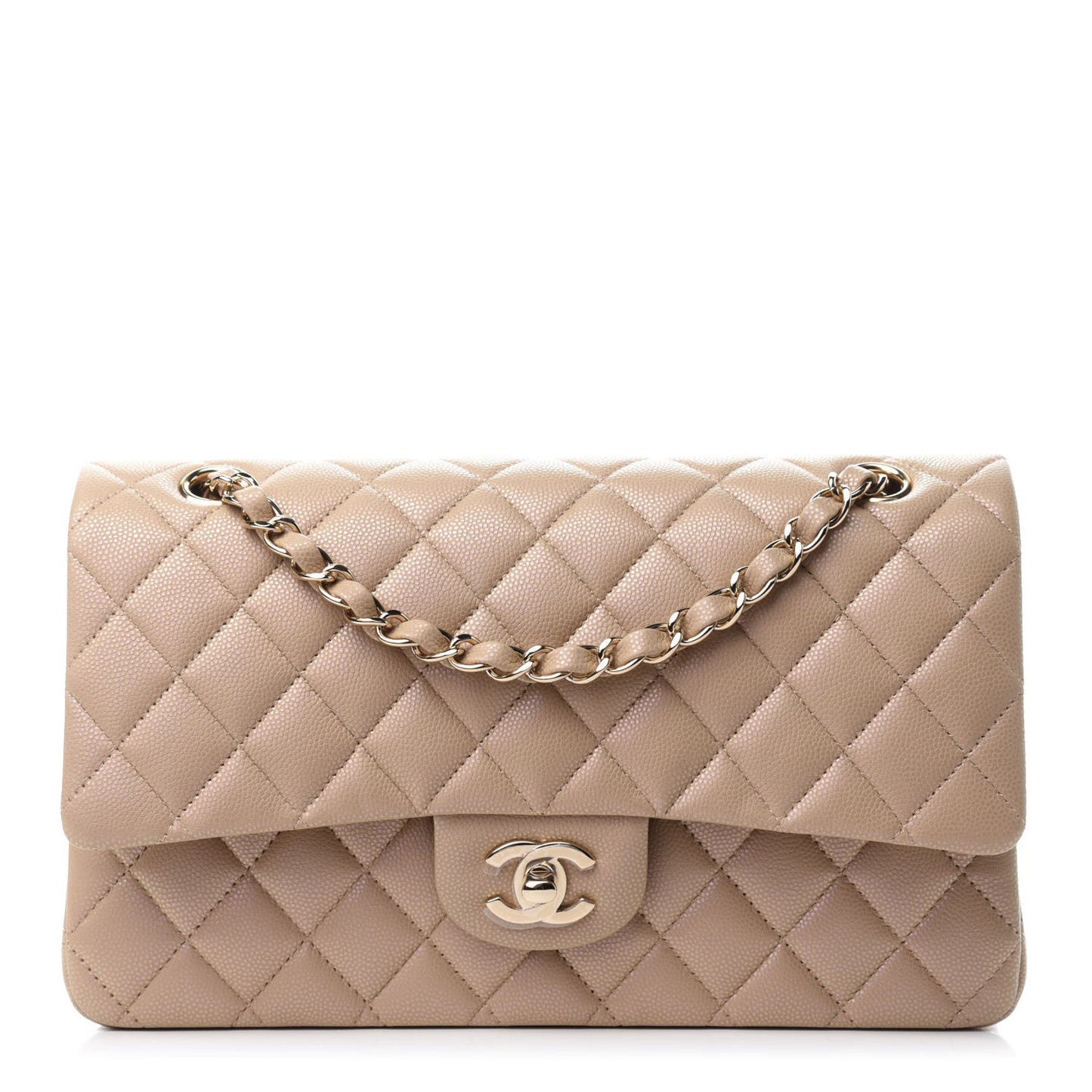 Iridescent Caviar Quilted Medium Double Flap Dark Beige