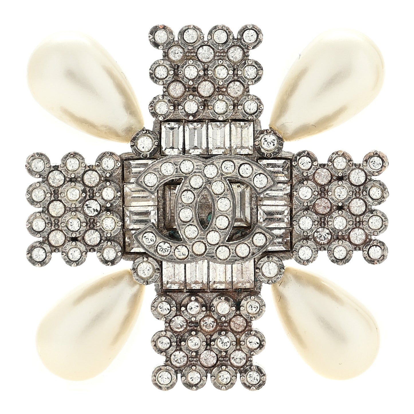 Pearl Crystal CC Cross Brooch Silver