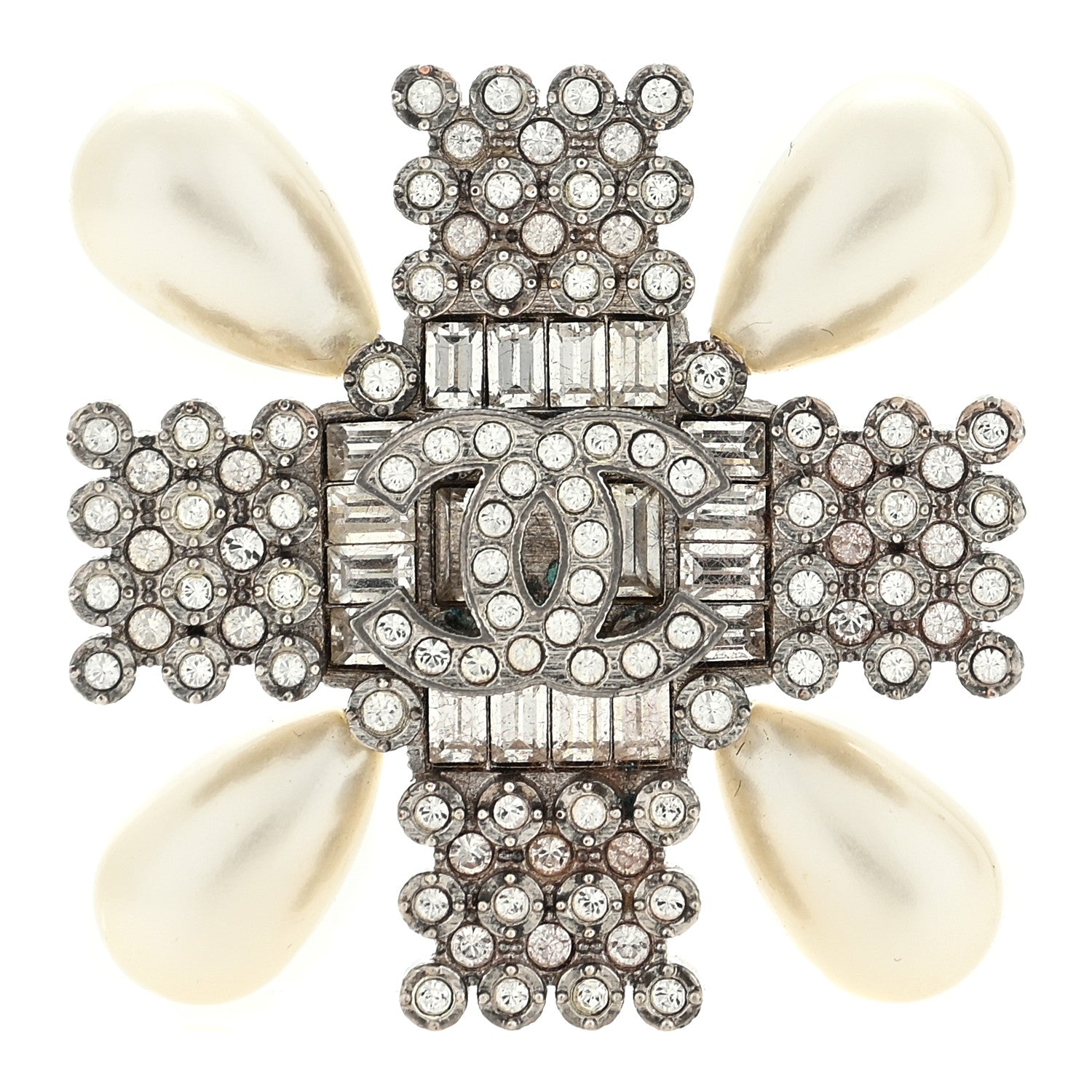 Chanel Pearl Crystal CC Cross Brooch Silver 1 of 3