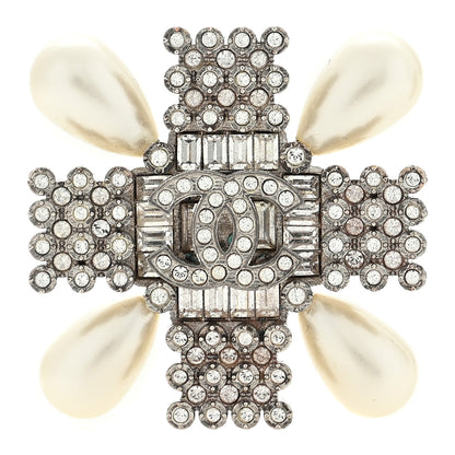 Chanel Pearl Crystal CC Cross Brooch Silver 1 of 3