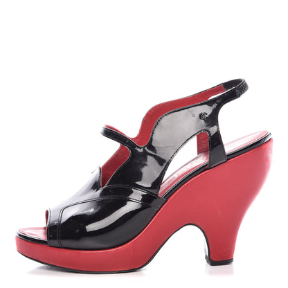 Chanel Patent Wedge Sandals 37 Black Red 1 of 19