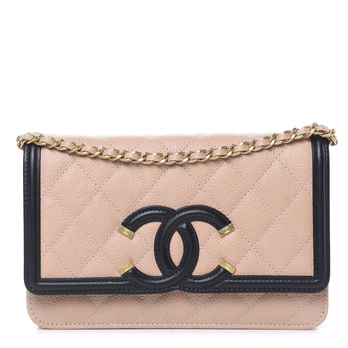 Caviar Quilted CC Filigree Wallet On Chain WOC Beige Black