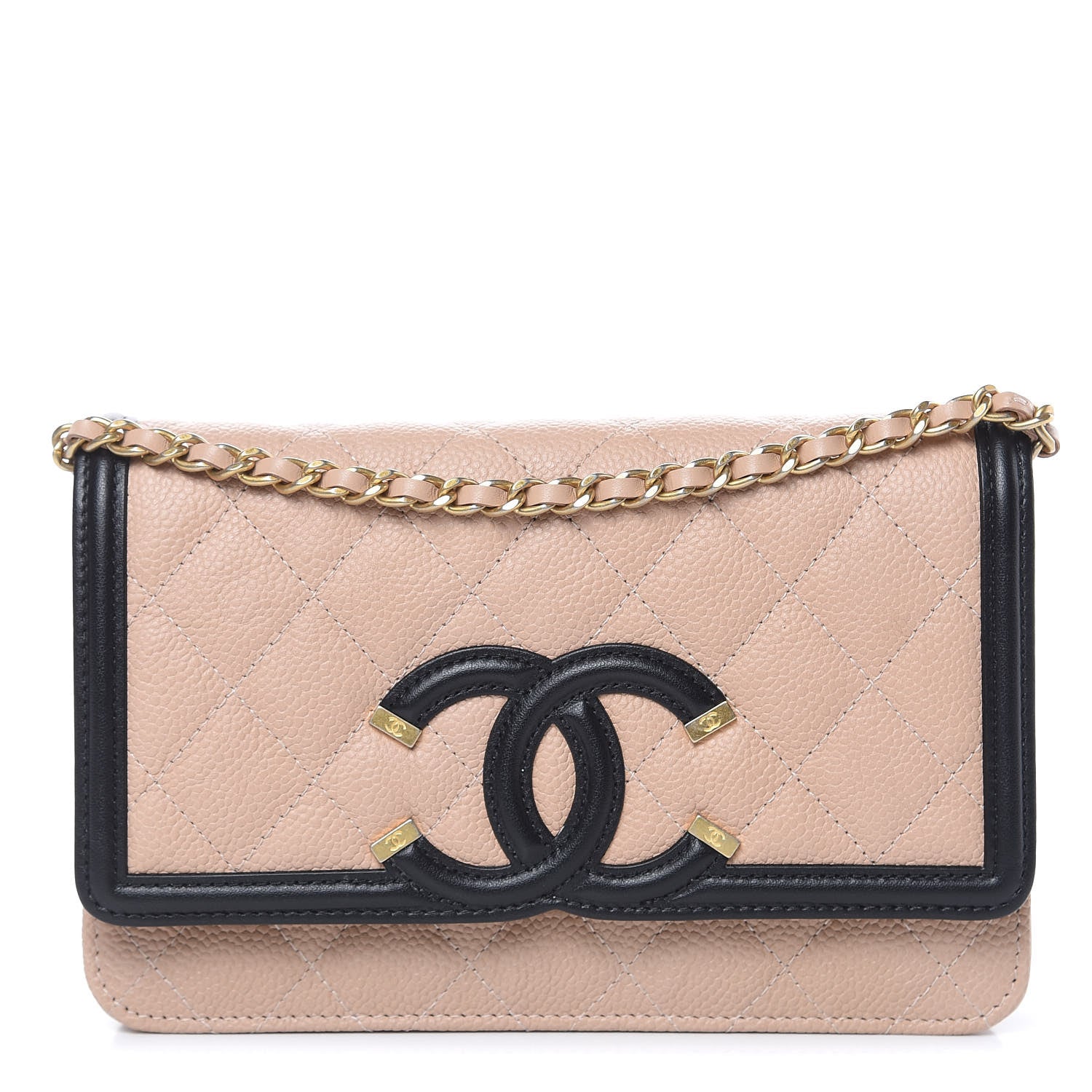 Chanel Caviar Quilted CC Filigree Wallet On Chain WOC Beige Black 1 of 13