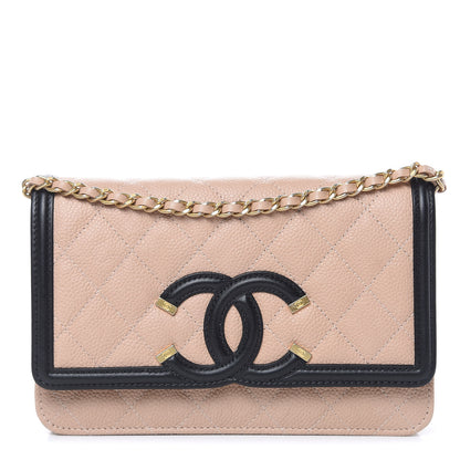 Chanel Caviar Quilted CC Filigree Wallet On Chain WOC Beige Black 1 of 13