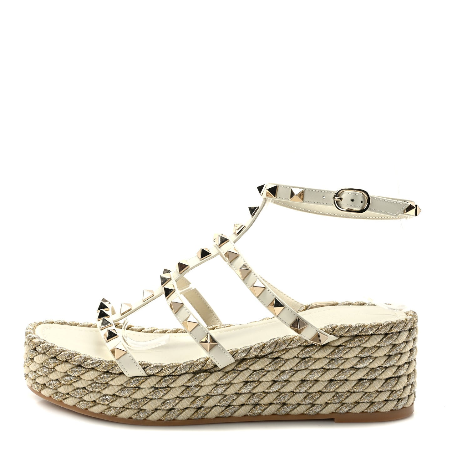 Calfskin Rockstud Ankle Strap Torchon Espadrille Caged 30/55mm Sandals 37 Light Ivory