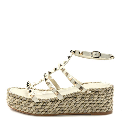 Valentino Garavani Calfskin Rockstud Ankle Strap Torchon Espadrille Caged 30/55mm Sandals 37 Light Ivory 1 of 7