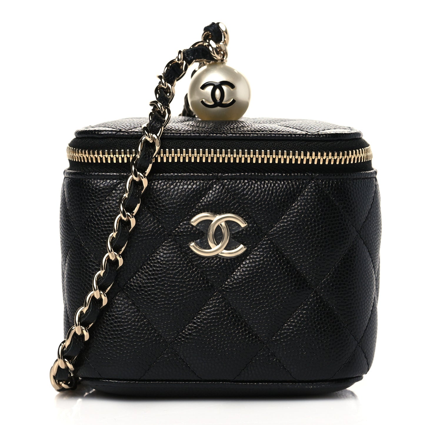 Caviar Quilted Mini Pearl On Top Vanity Case With Chain Black
