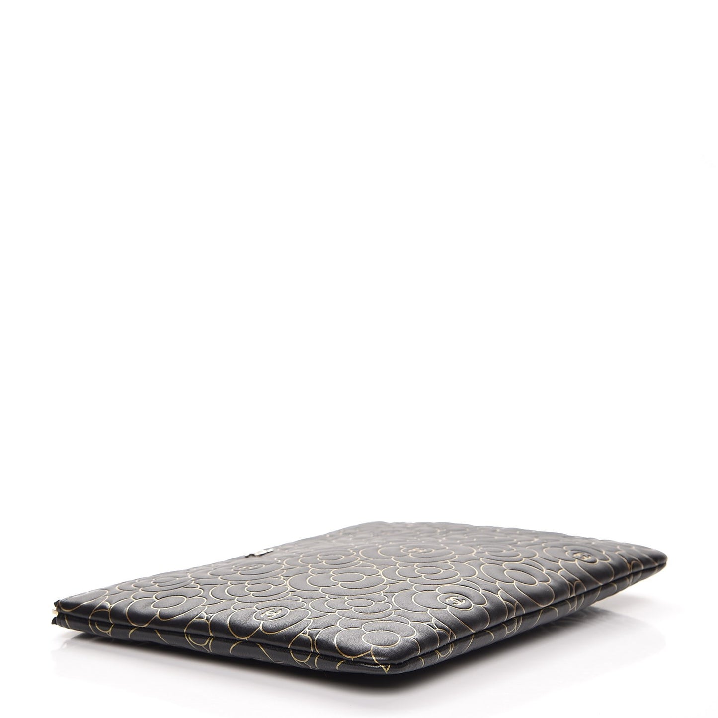 Lambskin Camellia Embossed Medium Cosmetic Case Black Gold