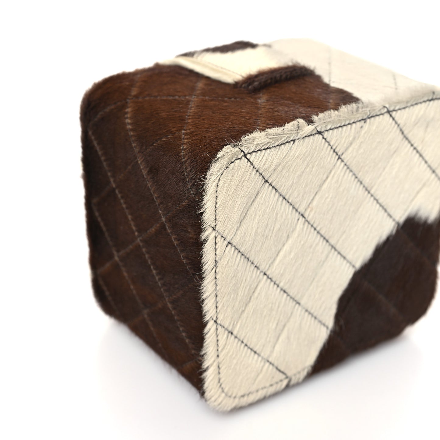 Pony Hair Quilted Cow Print Mini Top Handle Vanity Case Brown White