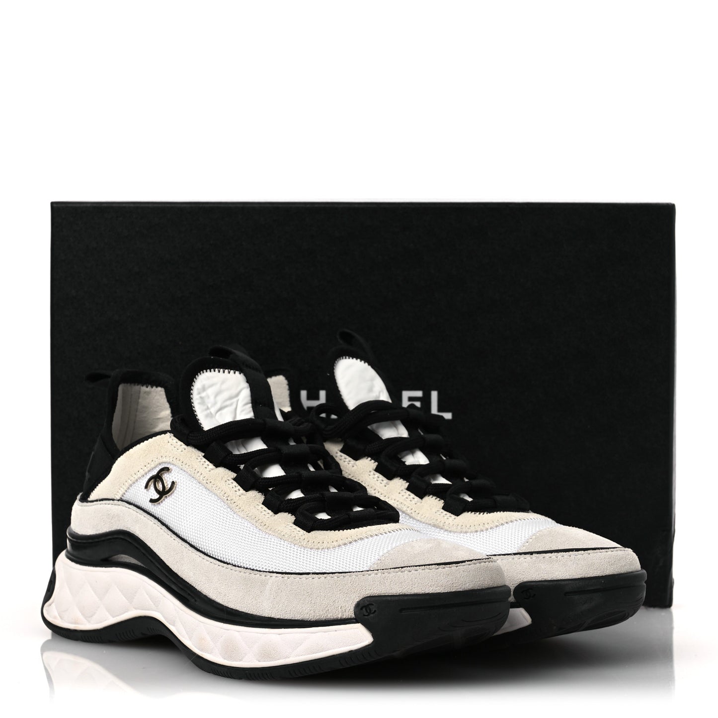 Velvet Calfskin Mixed Fibers CC Sneakers 38 Ivory Black