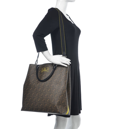 Fendi Glazed Fabric Vitello Century FF 1974 Roma Amor Tote Tobacco Moro Black Limone 2 of 13