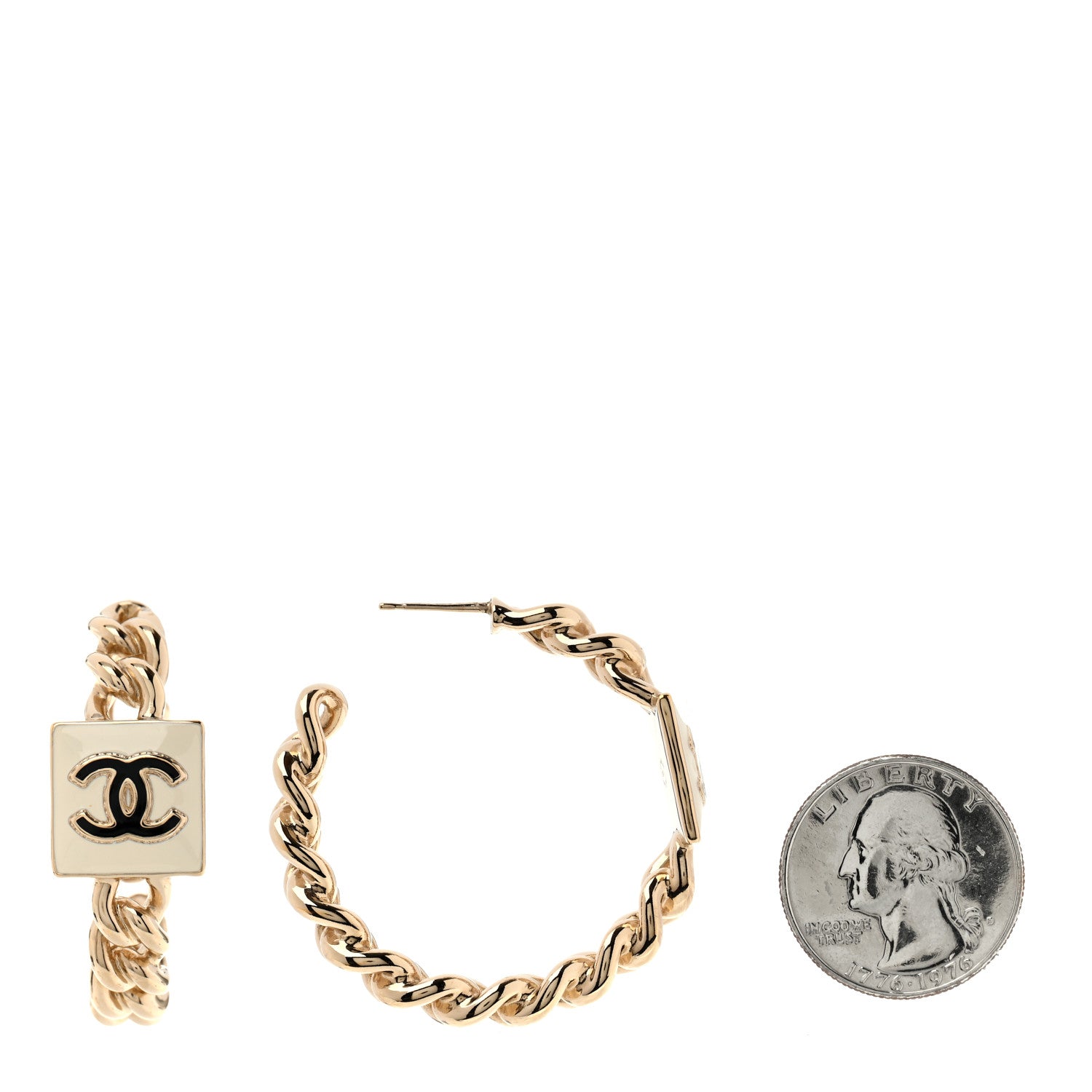 Chanel Metal Enamel CC Chain Hoop Earrings Gold Black White Gold Black 2 of 5
