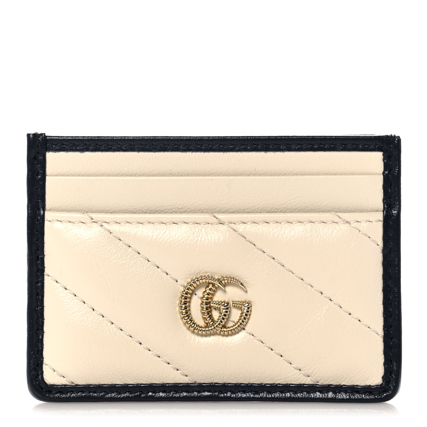 Vintage Effect Calfskin Matelasse Diagonal Torchon GG Marmont Card Holder White Blue Agata