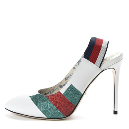 Gucci Calfskin Glitter Web High Heel Slingback Pumps 40.5 White 1 of 10
