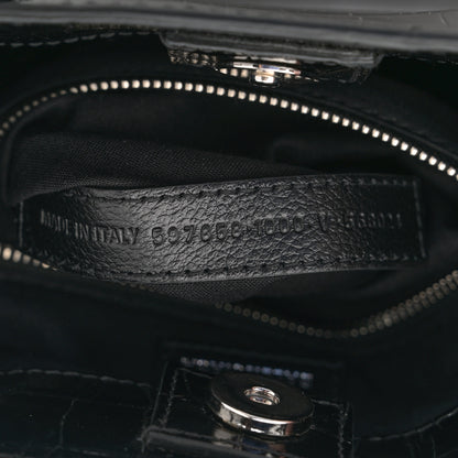 Balenciaga Shiny Calfskin Logo Crocodile Embossed North South Shopper Tote XXS Black White 7 of 10