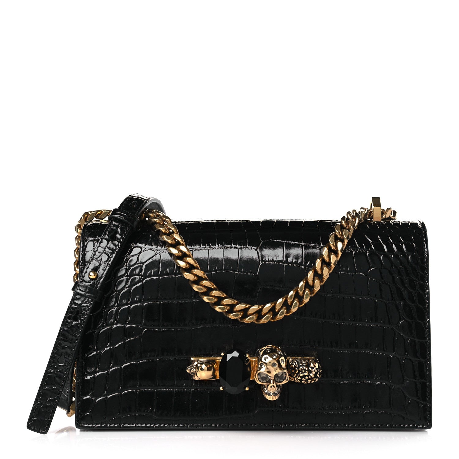 Alexander McQueen Shiny Calfskin Crocodile Embossed Knuckle Jeweled Crossbody Black 1 of 8