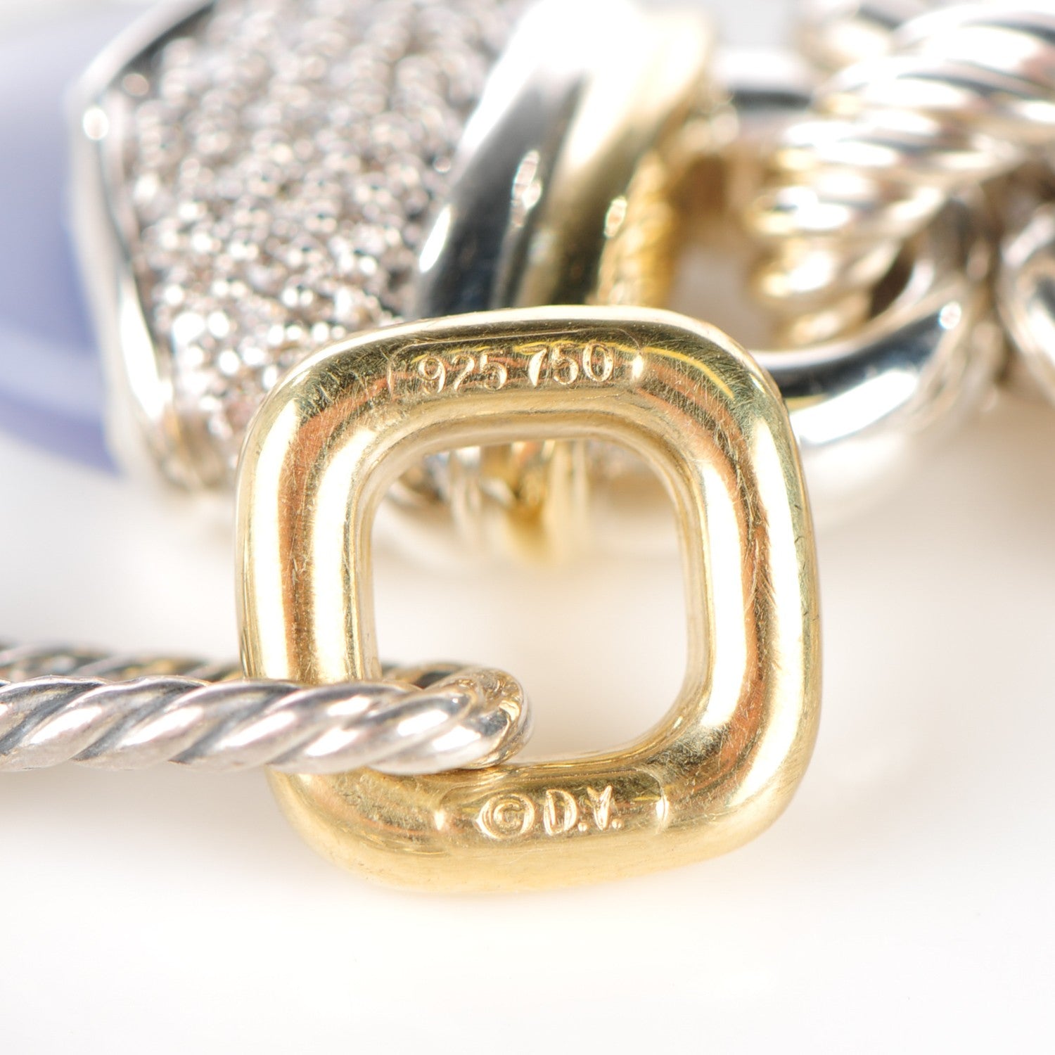 David Yurman Sterling Silver 18K yellow Gold Pave Diamond Chalcedony 25mm Acorn Figaro Necklace 6 of 8